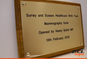Commemorative Event Plaque for local NHS Trust on wooden backing board