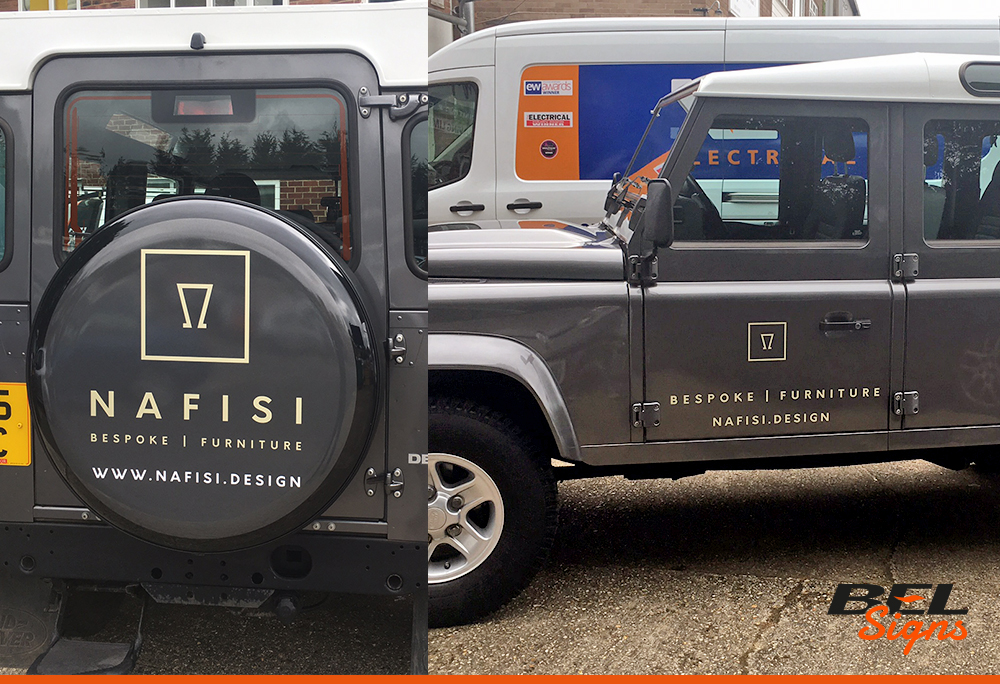 Logo details on side and tyre cover of a LandRover Defender for Nafisi | Sussex Van Graphics