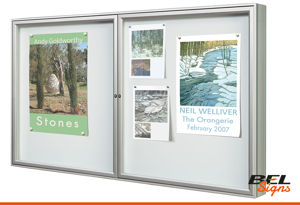 This dual door notice board for indoor use with magnetics to hold posters in place