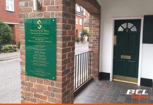 Directory sign fitted to exterior wall in Horsham | Healthcare