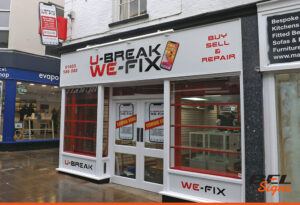 U-Break We-Fix shop sign and 3D projecting sign | BEL Signs