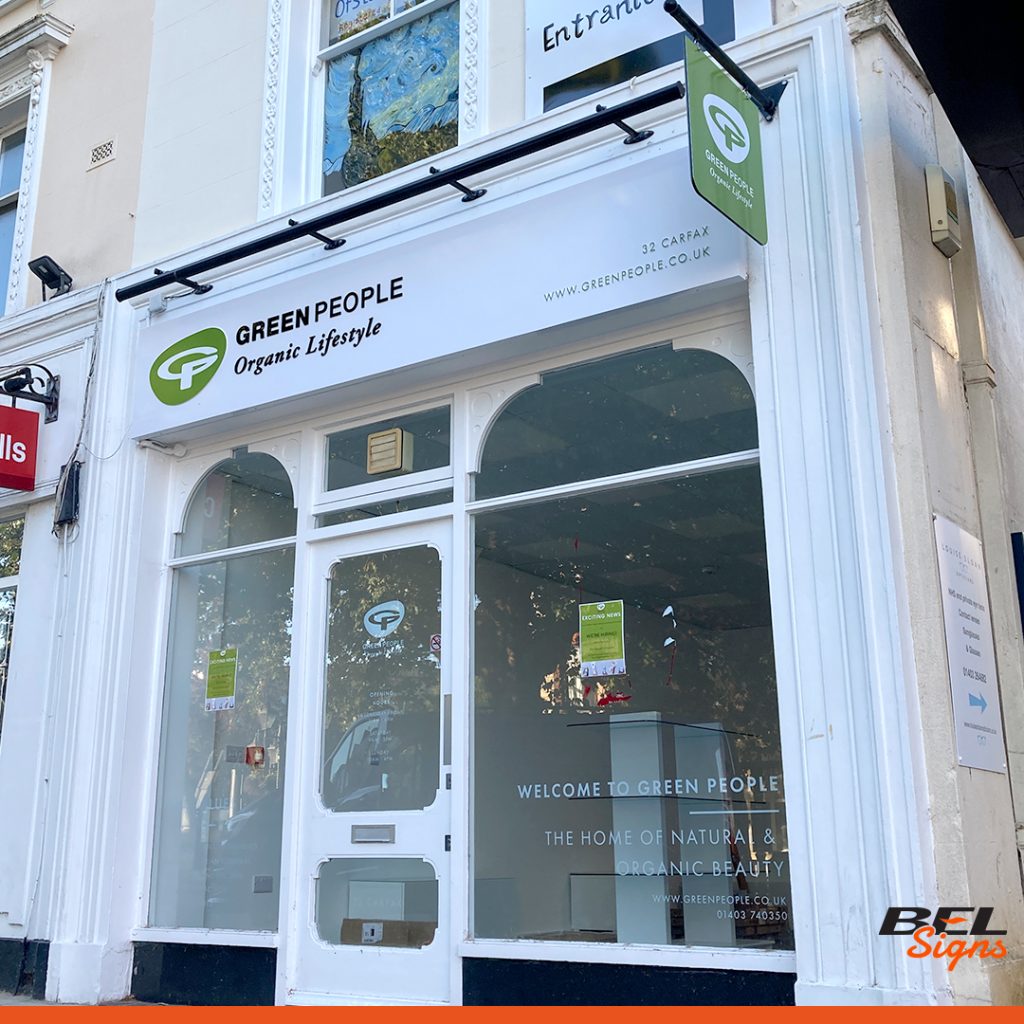 The Green People Shop front window graphics and hanging sign BEL Signs Horsham