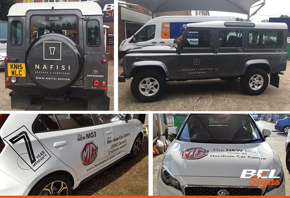 Land Rover Defender with graphics onto spare wheel cover and doors | MG car with printed graphics for showroom