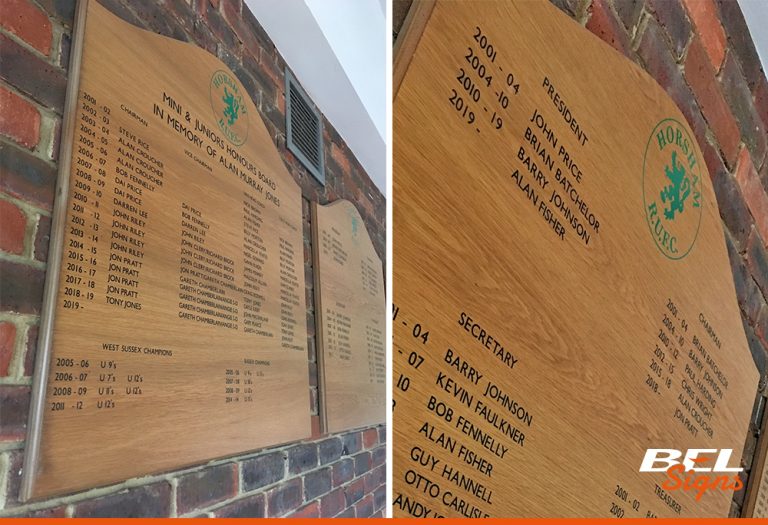 Wooden Honour boards with CAD cut vinyl details easy to update