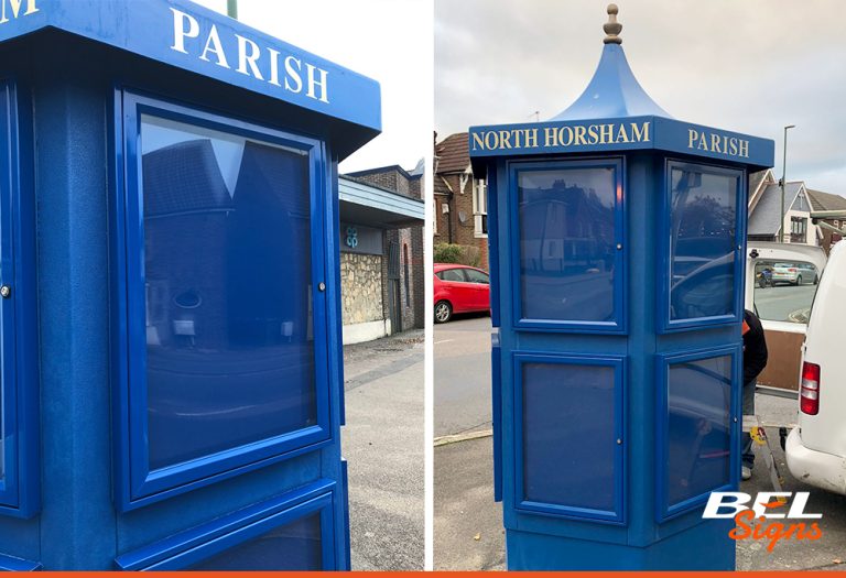 Noticeboards in North Horsham Parish in RAL colour blue for posters