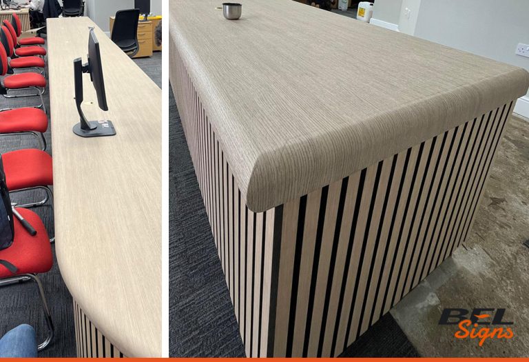 Architectural wrapped countertop desk for welcome in a business office