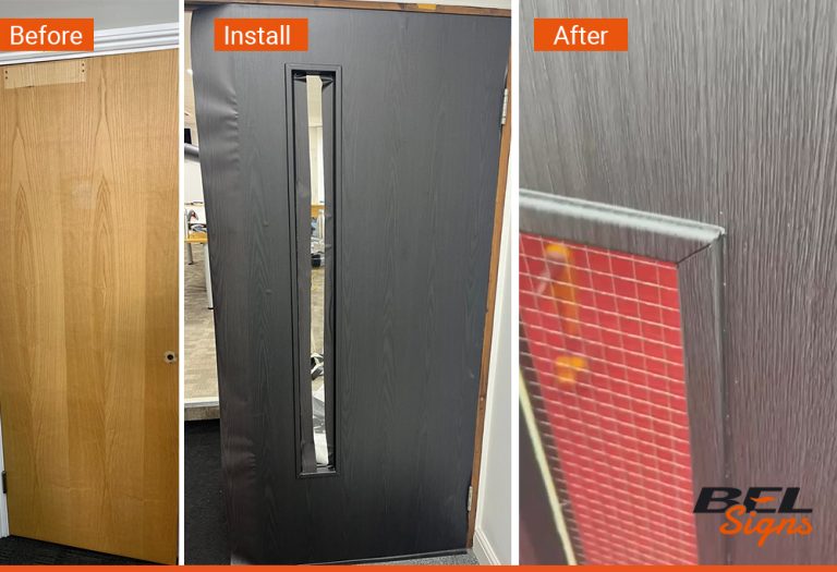 Architectural wrapped film onto doors showing a before, during install and after